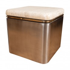 Square nickel rolling side table with travertine top